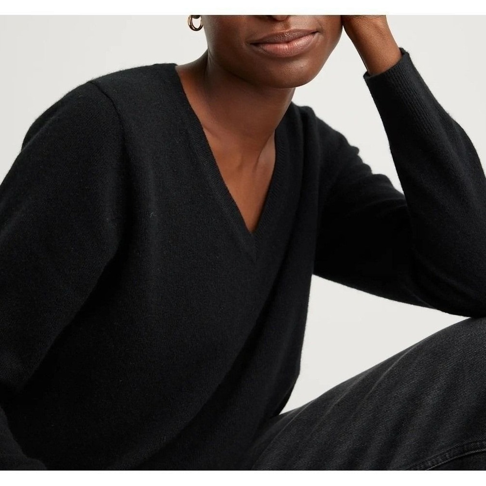Quince Womens L Slim Cropp Mongolian Cashmere Quiet Lux V-Neck Sweater Black